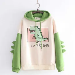 Dinosaurie överdimensionerad tecknad hoodie kvinnor mode tröja casual tryck koreansk stil förtjockad tröja vinter dino hoodie topps hkd230725