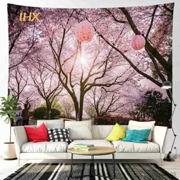Tapissries Sakura Tree Tapestry Wall Hanging Room Decor Natural Landscape Mountain Forest Wall Tapestry Bedroom Home Decoration Eesthetics R230812