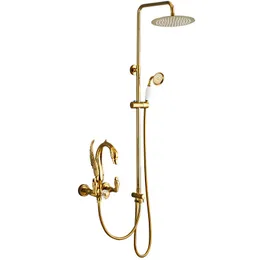 Bathroom Shower Faucet Set Gold Swan Bathroom Rainfall Shower Mixer Tap Polished Gold Brass Bath and Shower Faucet Set