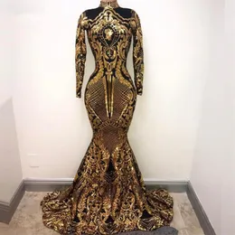 Guld och svart paljett glittrande långärmad aftonklänningar 2019 golvlängd lång sjöjungfrun hög hals festklänningar för kvinnor prom 293d