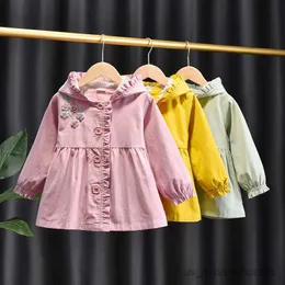 Jackets Mode neue Mädchen mit Kapuze Blumen mit Trench Coat Cotton Jacken Frühling Herbst Kids Overlader Kinder Tops Kleidung R230812