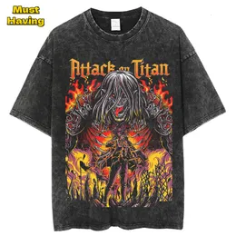 Men's T-Shirts Anime Attack on Titan T-shirts Vintage Acid Washed T Shirt Oversize Casual Summer 100% Cotton Tee Fashion Streetwear Unisex Top 230812