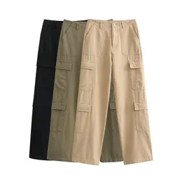 レディースパンツSカーゴズボンKhaki Army Green Black Casuare High-Waist Big Pockets Long Pants女性シックレディ服230811