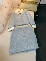 2023 Autumn Blue Contrast Color Two Piece Dress Sets Long Sleeve Peter Pan Neck Tweed Single-Breasted Bow Coat & Buttons Short Skirt Suits Set Two Piece Suits A3G116538