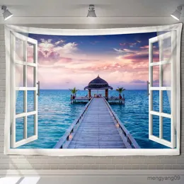 Tapestries Beach Landscape Window Painting Wall Aberstry Hangy Hippie Tapiz Arte Sfondo decorazioni per la casa R230812