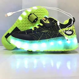 Buty sportowe Dzieci dwoje kół świetliste lśniące trampki zielone różowe LED jasnobójcze wałek rolek dla dzieci chłopcy z USB ładowanie