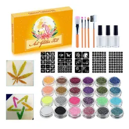 Tattoo Machine 24 Colors Temporary Glitter Tattoo Set For Kids Face Body Luminous Stickers With 5 Stencils 3 Glue 5 Brushes For Birthday Party 230811