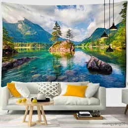 Tapestries Mountain Water Landscape Tapestry 3D Print Green Plant Tree Wall Natural Clainery Wall Home Home Room Docum Decor R230812