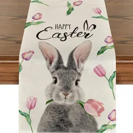 Bordslöpare Tulip Bunny Easter Table Runner 30*180 cm linne Happy Easter Dining bordsdekoration för vårens sommarsäsongsemester 230811