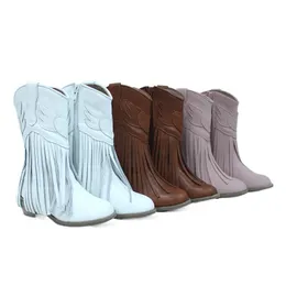 Boots Kid Zip Mid Calf Height Increasing y Heel Round Toe Fringe Long For Spring girls boots Side zipper 230811