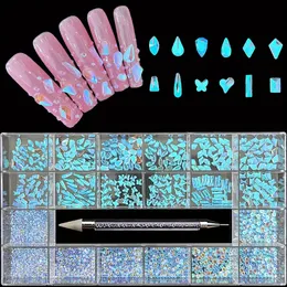 21 Grids Nail Art Rhinestones Kit,2800 PCS Round Shapes And 360 PCS Multi Shapes Rhinestones Glass Crystal Flatback Nail Gems With Double Head Point Drill Pen