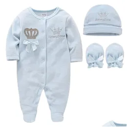 Clothing Sets Baby Boys Rompers Royal Crown Prince With Cap Gloves Infant Born One-Pieces Footies Overall Pajamas Velour 210309 Drop Dhec7