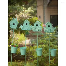 Garden Decorations Vintage Metal Green Birdhouse Bird Feeder Flower Planter Pot Decoration