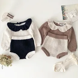 의류 세트 아기 소녀 옷 세트 가을 니트 스웨터 블룸머 반바지 반바지 세트 주름진 아이 여자 아기 니트 스웨터 의류 세트 230812