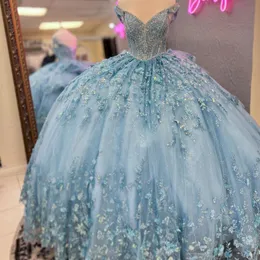 Lüks gökyüzü seksi v yaka prenses quinceanera elbise boncuk aplikeler çiçek parti elbise tül zarif tatlı vestido de 15 16 anos