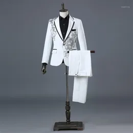 Męskie garnitury Blazery Męskie białe kwiatowe cekin 2 sztuki kurtki spodnie Slim Fit One Button Wedding Groom Tuxedo Suit Mężczyzna CO249P