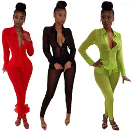 Women's Two Piece Pants Women Solid Mesh Shirts Crop Long Sleeve Sexy Top With Leggings Pant Beach Bathing Suit Cover Ups Set Feminino