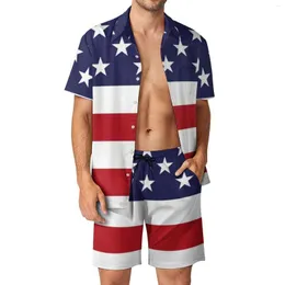 Men's Tracksuits USA Flag Print Men Sets American Stars And Stripes Casual Shorts Vacation Shirt Set Summer Trendy Custom Suit Short Sleeve