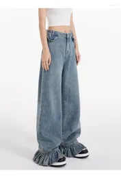 Women's Jeans Lotus Leaf Design Vintage Cargo Pants Woman Straight Wide Leg Casual 2023 Korean Fashion Baggy Denim Trouser Y2K