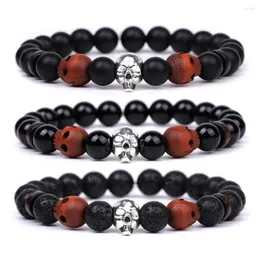 Strand Hand Carved Skull Bracelet Mens Volcanic Stone Black Magnet Elastic Rope Wood Chip Circle