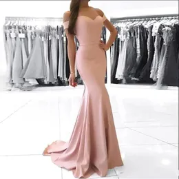 2021 Cheap Dusty Pink Off Shoulder Mermaid Prom Dresses Eleagnt Sheath Evening Gown Long Formal Party Pageant Bridesmaid Dresses B309T