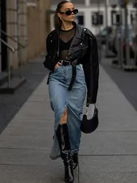 Spódnice 2023 moda Y2K podzielona damska wysoka talia prosta elegancka dżinsowa długa spódnica vintage Saias Blue ubranie