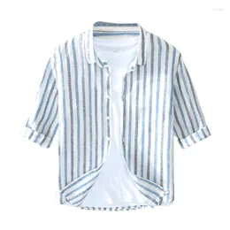 Men's Casual Shirts Japanese Striped Linen Three Quarter Sleeved Shirt Summer Thin Loose Cardigan Square Neck Small Fresh Top