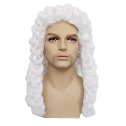 Máscaras de festa, advogado sintético Cosplay peruca cinza juiz branco barroco perucas masculinas para Man Halloween Cap