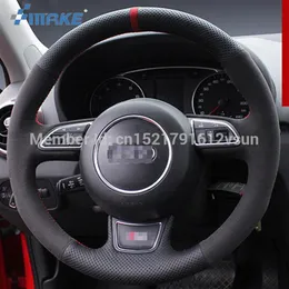 For Audi A1 High Quality Hand-stitched Anti-Slip Black Leather Black Suede Red Thread DIY Steering Wheel Cover243M