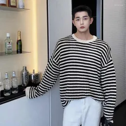 Men's Sweaters Fashion Retro Crochet Knit Cardigan O-neck Striped Hollow Long Sleeve Top Pullovers Jacket Male Clothes