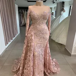 Vintage Blush Mermaid Prom Pageant Dresses With Long Sleeve Jewel Neck Lace Pärled Sheer Neck Trumpet Arabiska tillfälle Evening Gown244K