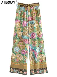 여성용 바지 Capris Vintage Chic Women Peacock Floral Print 보헤미안 넓은 다리 바지 레이디 탄성 허리 느슨한 Rayon Boho Long Pants 오버 사이즈 바지 230812