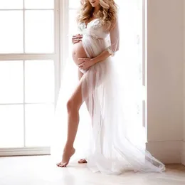 Nya vita moderskapsklänningar för fotografering gravida kvinnor stor sväng chiffong mesh klänning premama spets splittring fotografering prop