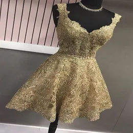 Gold V neck Homecoming Short Prom Dresses Cheap V neck With Straps Lace Bodice A line Princess New 2022 Graduation Party Formal Dr221a