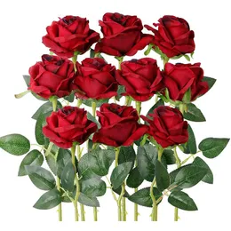 フェイクフローラルグリーン10pcs/lot赤い人工バラの花偽のシルクリアルなバラ茎花ブーケウェディングパーティーホームバレンタインズ装飾230812