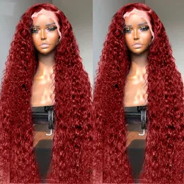 Färgad spets främre mänskliga hår peruker Curly 220%densitet 13x6 HD spets frontal peruk för kvinnor Deep Wave Bourgogne 13x4 Transparent Glueless Red Wig Wig