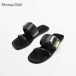 スリッパMRXMUS Dutit Women's Shoes 2023 Summer Brown Metal Ring Deciled Design Simple Flat Sandals