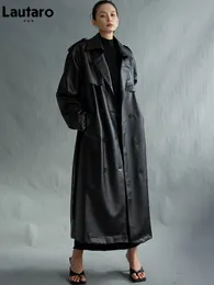 レディースジャケットラウタロ秋、女性スリーブベルトのためのロングサイズの黒いフェイクレザートレンチコート二重胸肉ルーズファッション230812