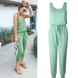 Gym Clothing 2023 Sexy Sleeveless Solid Belt Jumpsuit Women Summer Casual Pocket Basic Long Romper Slim Beach Jumpsuits Trousers Overalls