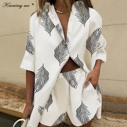 Women's Two Piece Pants Summer Bearch Suit Women Leaf Printed set Elegant casual Lapel Single Breasted Shirt Loose Shorts outfit 230812