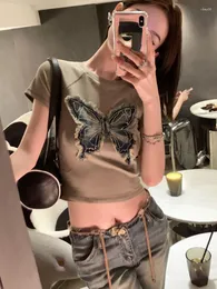 Kvinnors T -skjortor Sweet Ins Butterfly Embroider Tee Vintage Harajuku Shirt Tassels Summer Y2K Eesthetic Crop Top Casual Slim Hip Hop Women