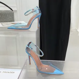 Amina Muaddi Новые женские туфли на каблуке с пряжкой из стразов и прозрачным ПВХ, туфли-лодочки на высоком каблуке с острыми кристаллами, босоножки на шпильке, женские кожаные подошвы