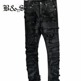 Herrbyxor svart gata high street hip hop vax duk bryt hål handgjorda retro jeans 230812