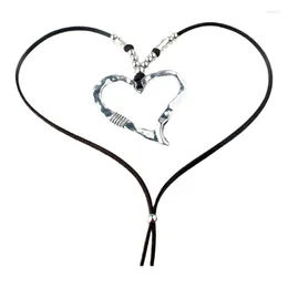 Pendant Necklaces E0BE Big Silver Color Heart Long Leather Necklace Boho Women Statement Ethnic Jewelry Lariat