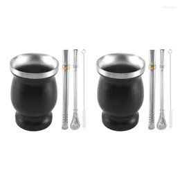 Tumblers 2x Double-Wall Stainless Yerba Mate Gourd Tea Cup 세트 물 2 Bombillas Straws Spoonclean Brush 8oz Black