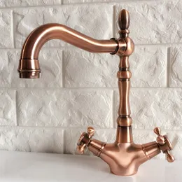 Red Copper Brass Kitchen Bathroom Vessel Sink Single Hole Basin Swivel Spout Faucet Dual Cross Handles Water Tap