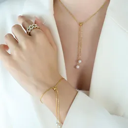 Necklace Earrings Set Niche Design Ins Trendy Internet Influencer Pearl Bracelet Vertical Square Chain Pull-out Jewelry E142-P702