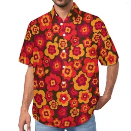 Męskie koszule retro kwiatowa koszula wakacyjna czerwone kwiaty drukuj hawajskie bluzki estetyczne z krótkim rękawem odzież graficzna