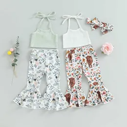 Set di abbigliamento 2023-05-31 0-4 anni Baby Kid Girls Autunno 3 pezzi Fashiong Abbigliamento Tie-up Halterneck Vest Flower Cow Print Flare Pants