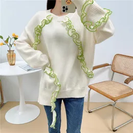 Women's Sweaters Loose Lazy Oaf Knitted Pullover Sweater With Oblique Hem White Green Ruffles Edged Cute Jumpers Sueter Mujer Tops